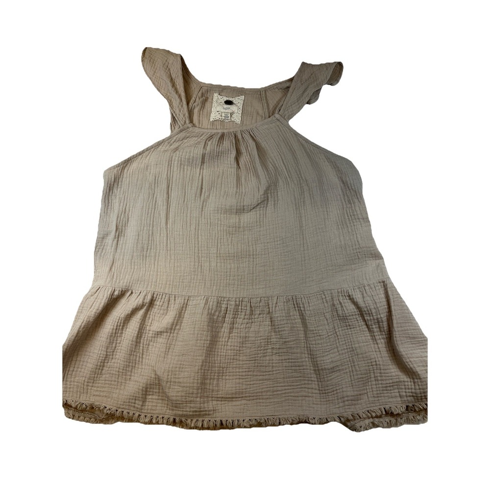Cupio Blush Tan Double Gauze Babydoll Top XL Sleeveless Fringe Boho Tank